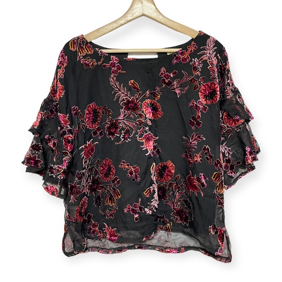 Lily White Tops - Lily White Velvet Floral Blouse Black and Pink Ruffled Sleeve Short Sleeve Top